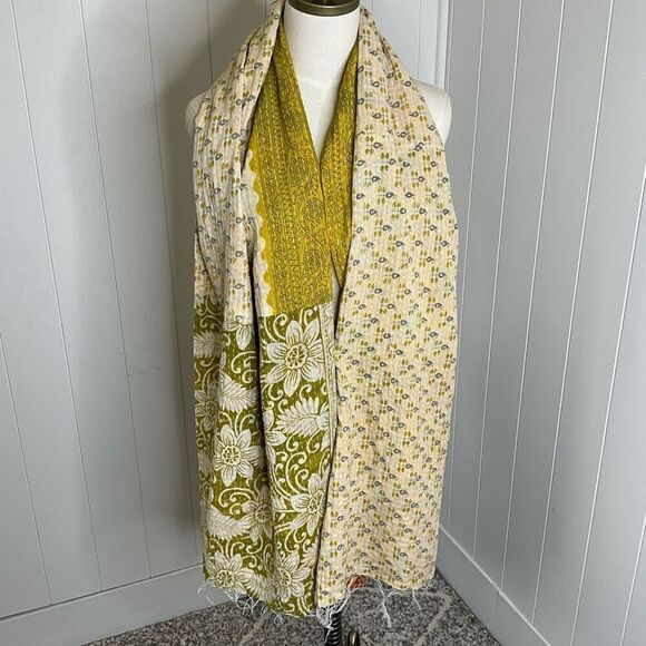Handmade Reversible Scarf Made From Recycled Saris Gold Green Mixed Media - Picture 2 of 6